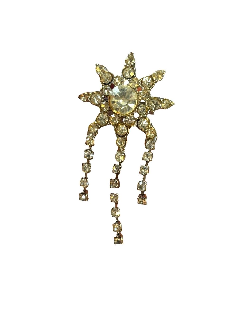 Vintage Rhinestone Dangle Brooch Starburst Waterfall Pin Crystal Tassel Brooch